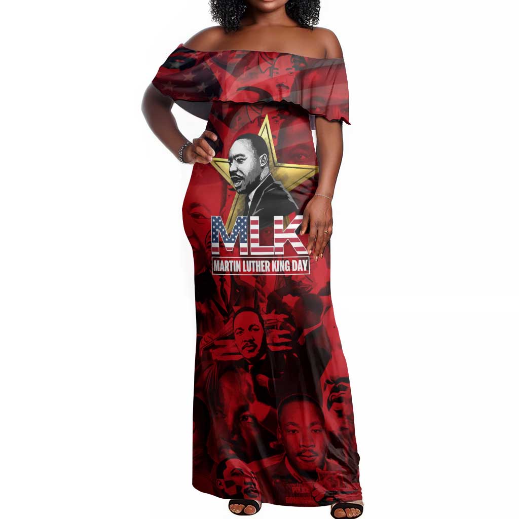 MLK Day Off Shoulder Maxi Dress Martin Luther King Jr Tribute American Flag Lettering - African Pride