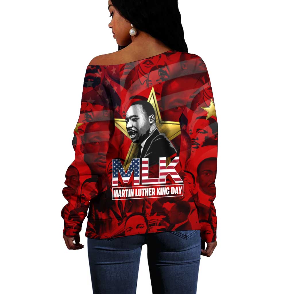 MLK Day Off Shoulder Sweater Martin Luther King Jr Tribute American Flag Lettering - African Pride