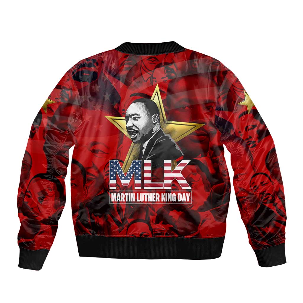 MLK Day Sleeve Zip Bomber Jacket Martin Luther King Jr Tribute American Flag Lettering - African Pride