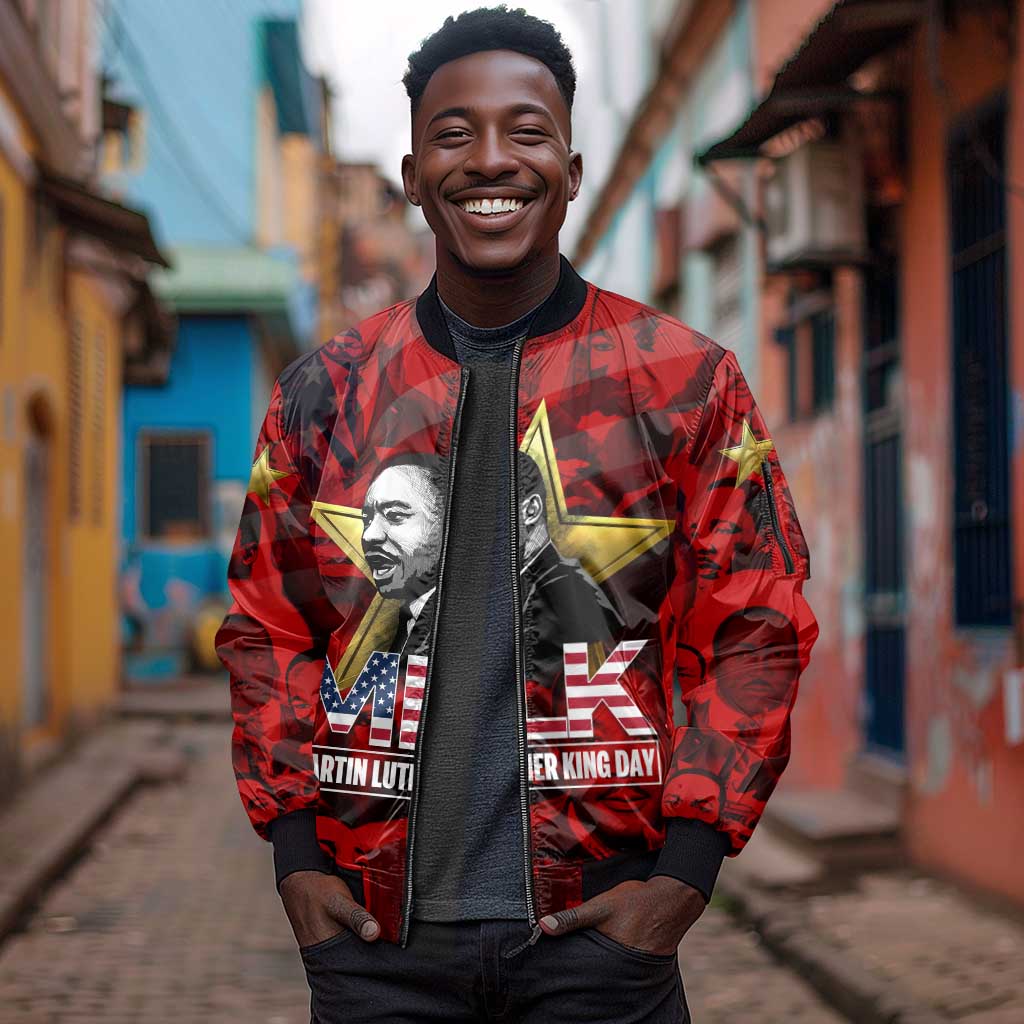 MLK Day Sleeve Zip Bomber Jacket Martin Luther King Jr Tribute American Flag Lettering - African Pride