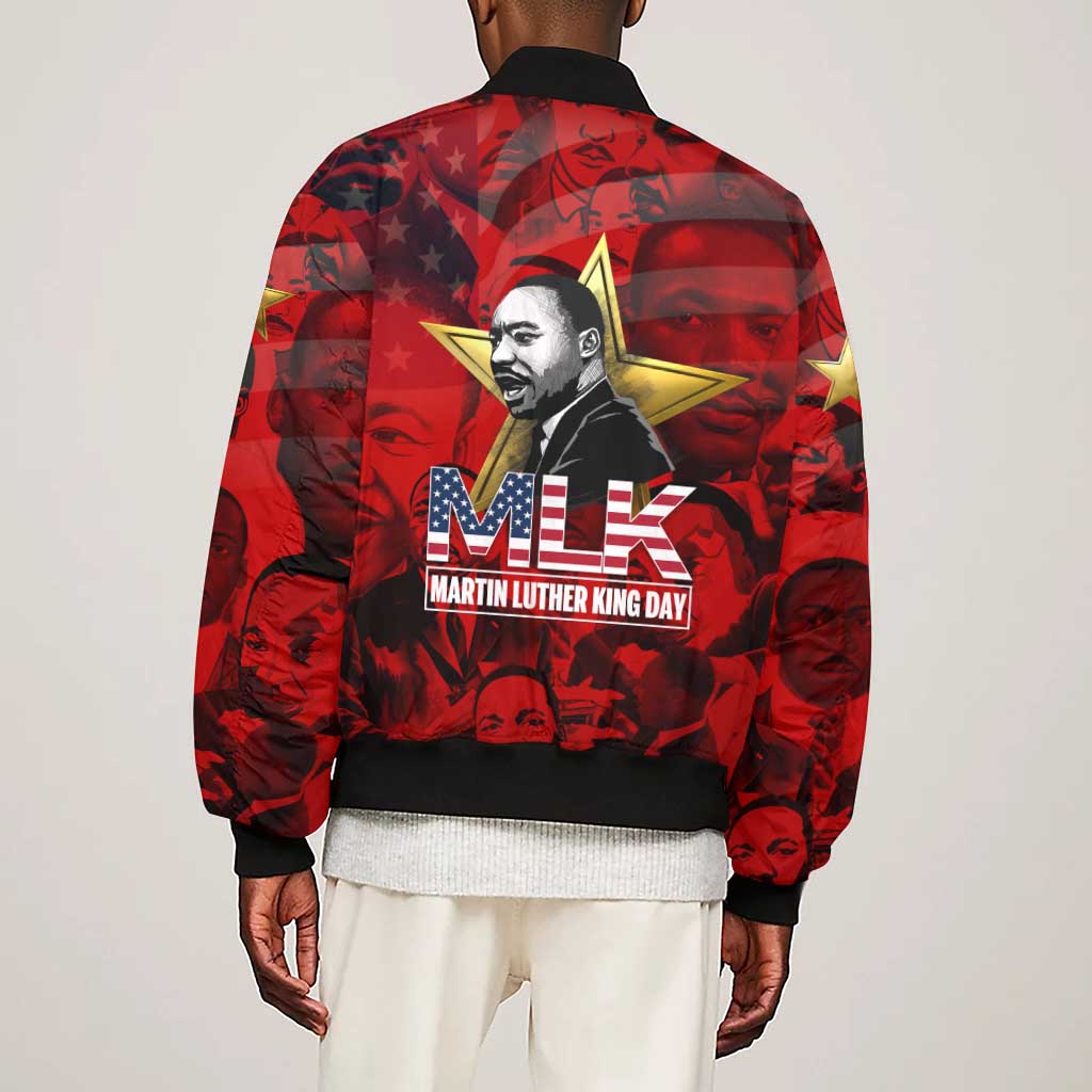 MLK Day Sleeve Zip Bomber Jacket Martin Luther King Jr Tribute American Flag Lettering - African Pride