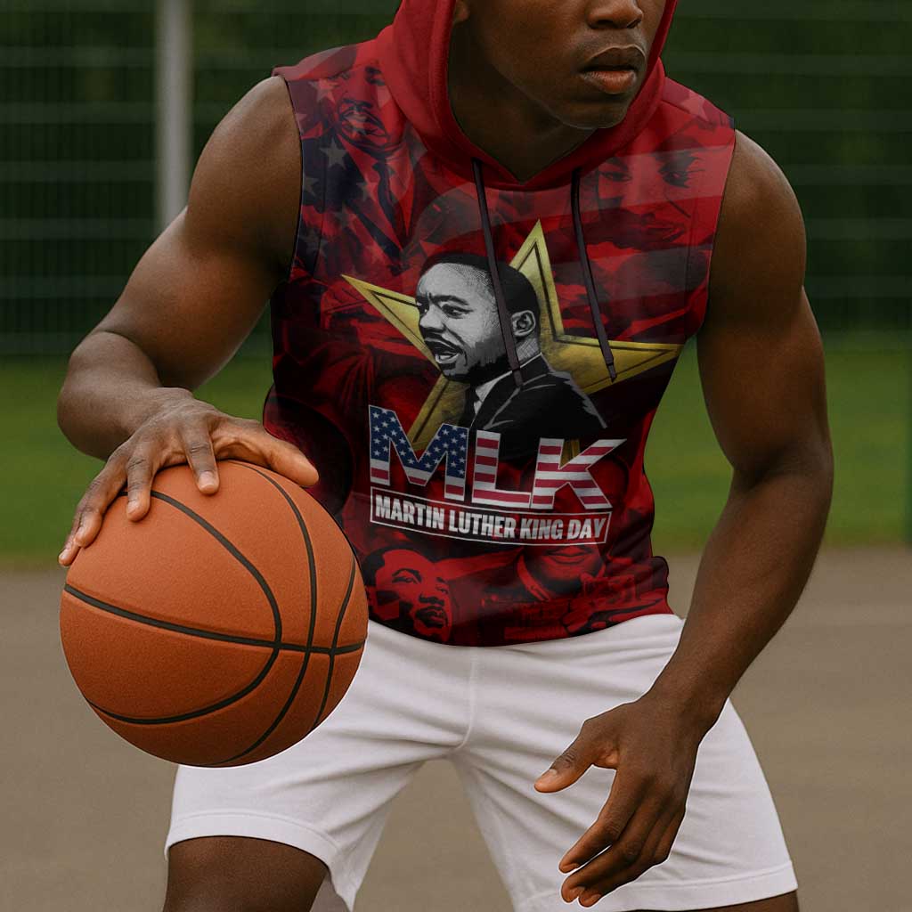 MLK Day Sleeveless Hoodie Martin Luther King Jr Tribute American Flag Lettering - African Pride