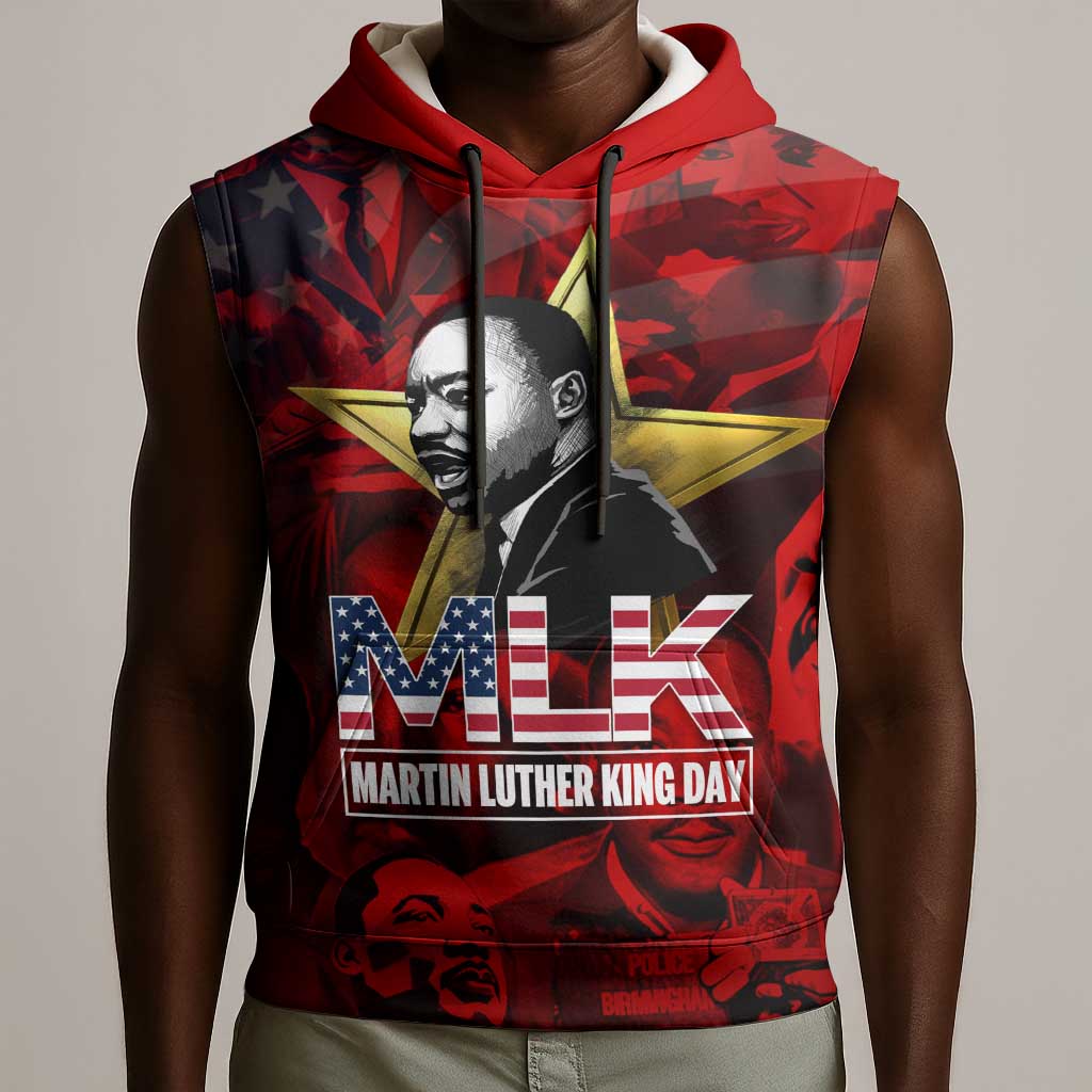 MLK Day Sleeveless Hoodie Martin Luther King Jr Tribute American Flag Lettering - African Pride