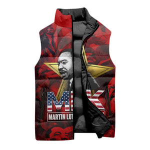 MLK Day Sleeveless Puffer Jacket Martin Luther King Jr Tribute American Flag Lettering - African Pride