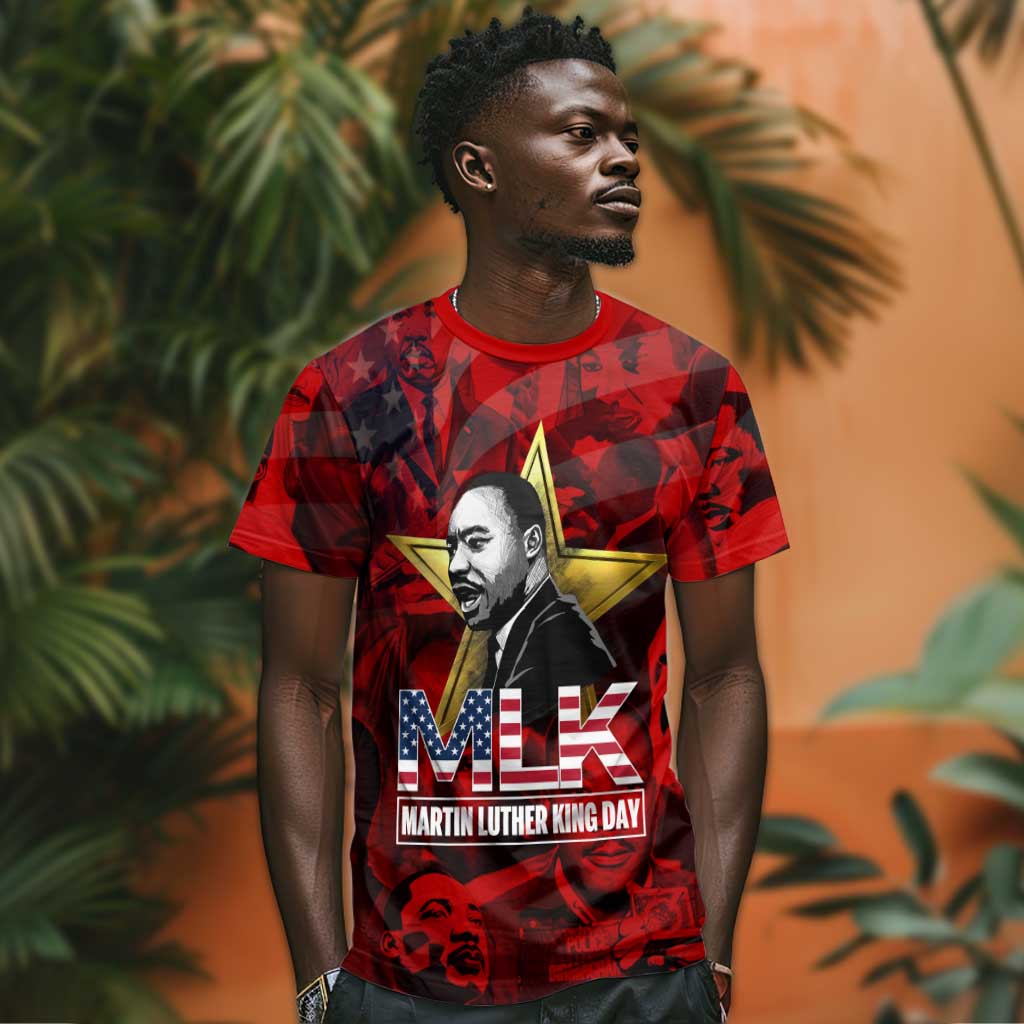 MLK Day T shirt Martin Luther King Jr Tribute American Flag Lettering TS04