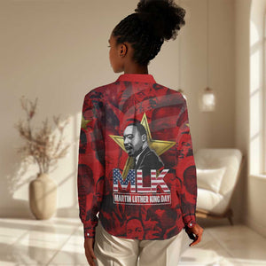 MLK Day Women Casual Shirt Martin Luther King Jr Tribute American Flag Lettering - African Pride