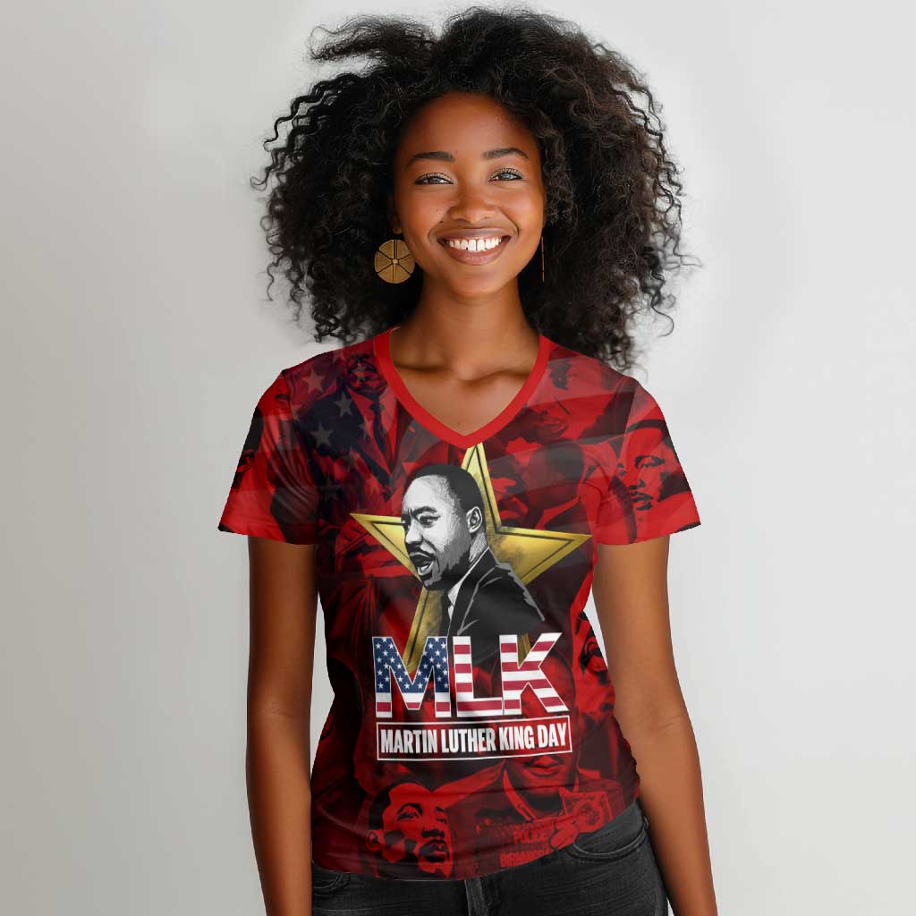 MLK Day Women V-Neck T-Shirt Martin Luther King Jr Tribute American Flag Lettering TS04