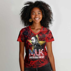 MLK Day Women V-Neck T-Shirt Martin Luther King Jr Tribute American Flag Lettering TS04