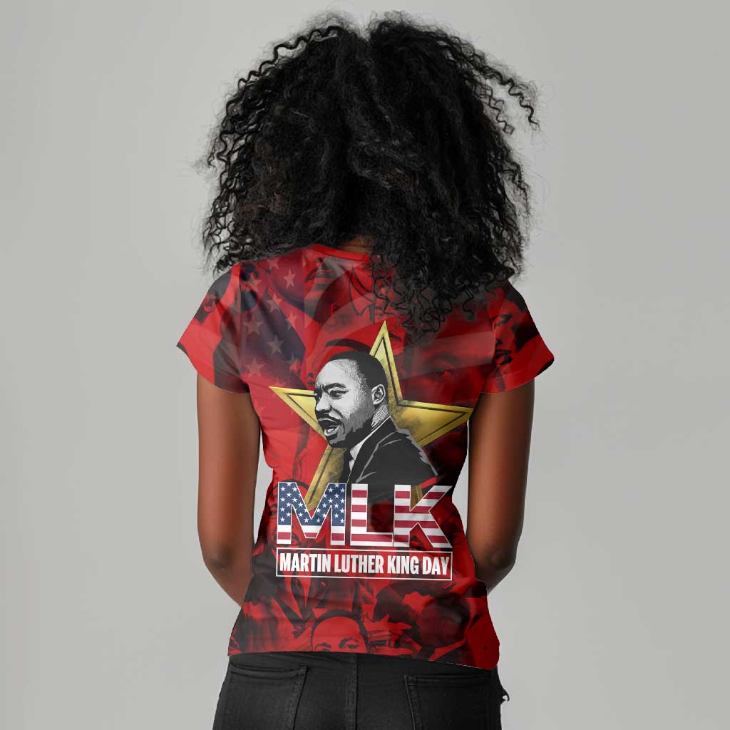 MLK Day Women V-Neck T-Shirt Martin Luther King Jr Tribute American Flag Lettering TS04
