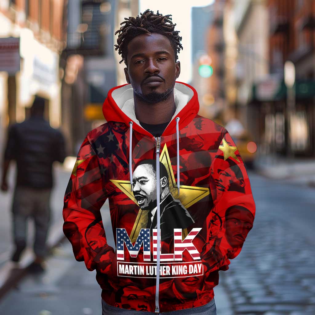 MLK Day Zip Hoodie Martin Luther King Jr Tribute American Flag Lettering - African Pride