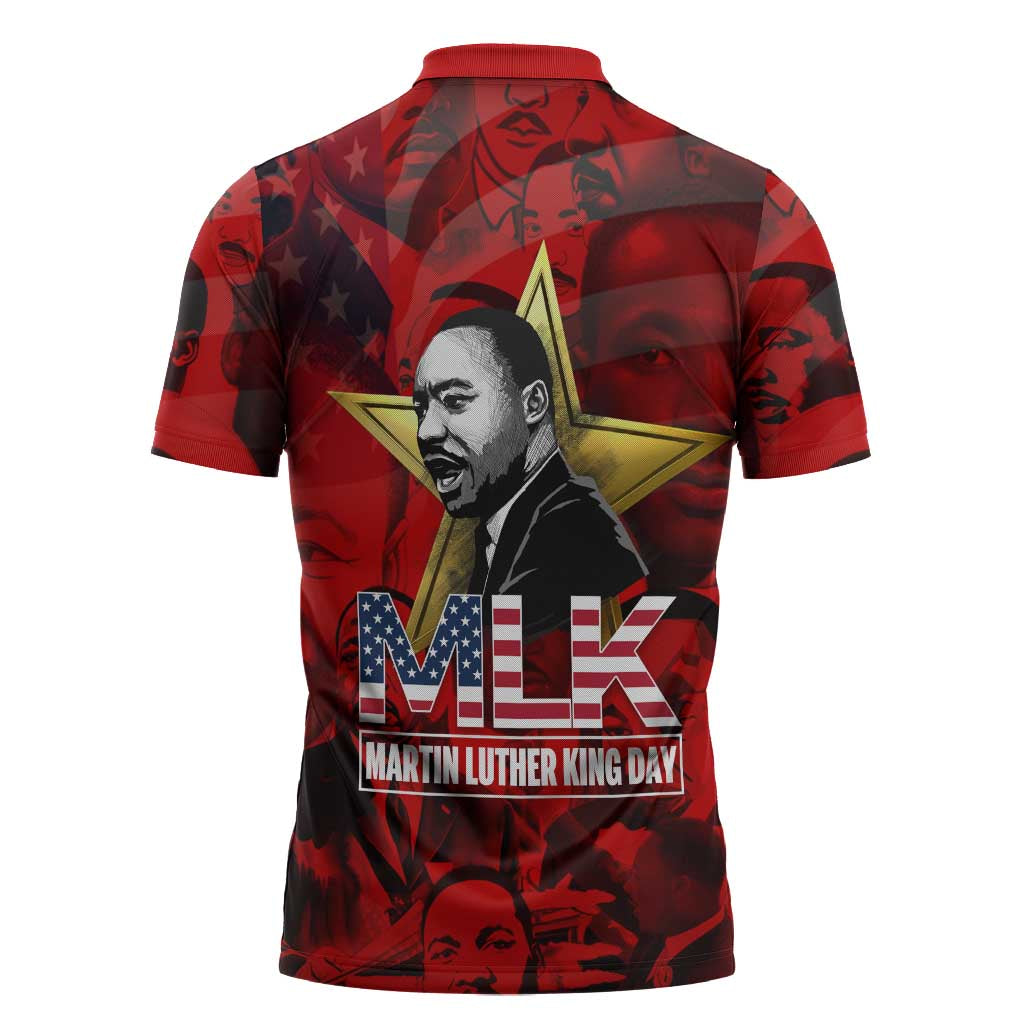 MLK Day Zipper Polo Shirt Martin Luther King Jr Tribute American Flag Lettering - African Pride