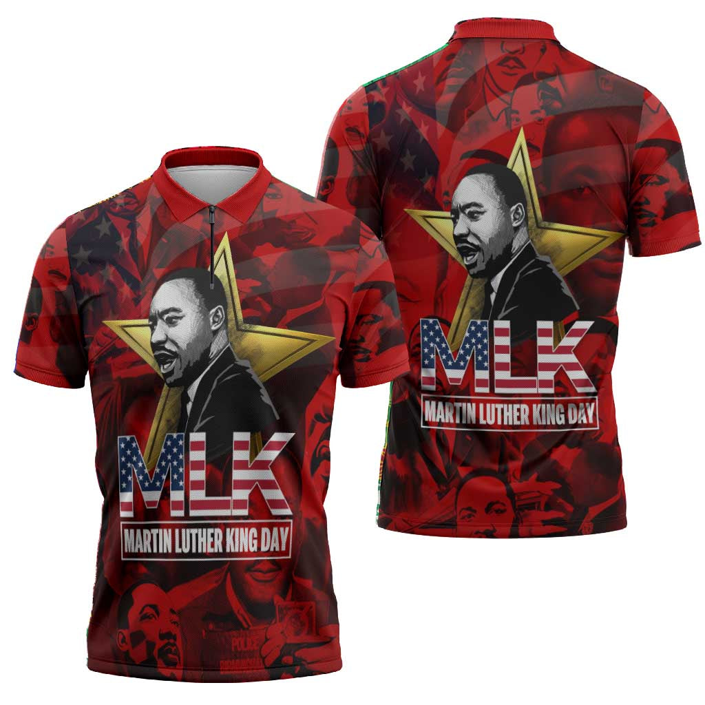 MLK Day Zipper Polo Shirt Martin Luther King Jr Tribute American Flag Lettering - African Pride