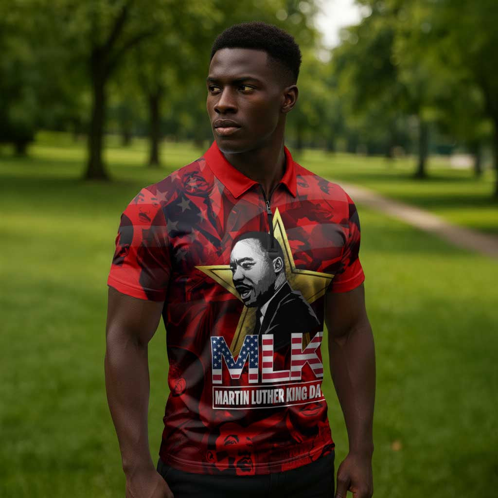 MLK Day Zipper Polo Shirt Martin Luther King Jr Tribute American Flag Lettering - African Pride