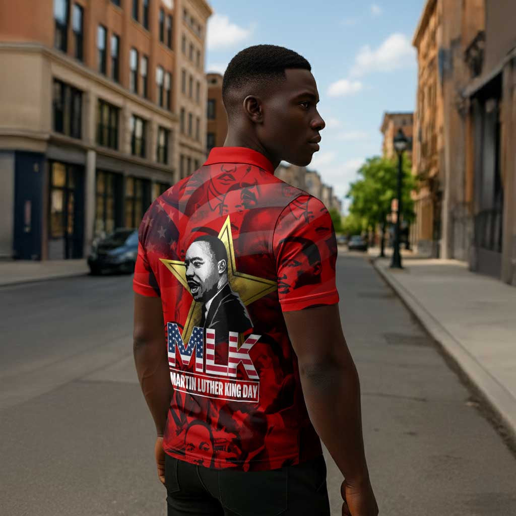 MLK Day Zipper Polo Shirt Martin Luther King Jr Tribute American Flag Lettering - African Pride