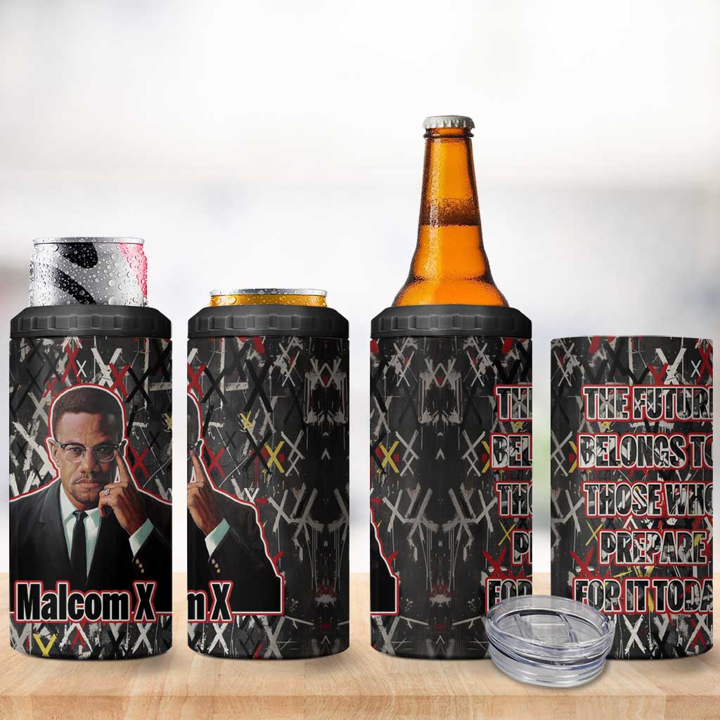 Malcolm X 4 in 1 Can Cooler Tumbler Street Art Style Portrait Quote The Future Belongs to Those Who Prepare Civil Rights Tribute - African Pride