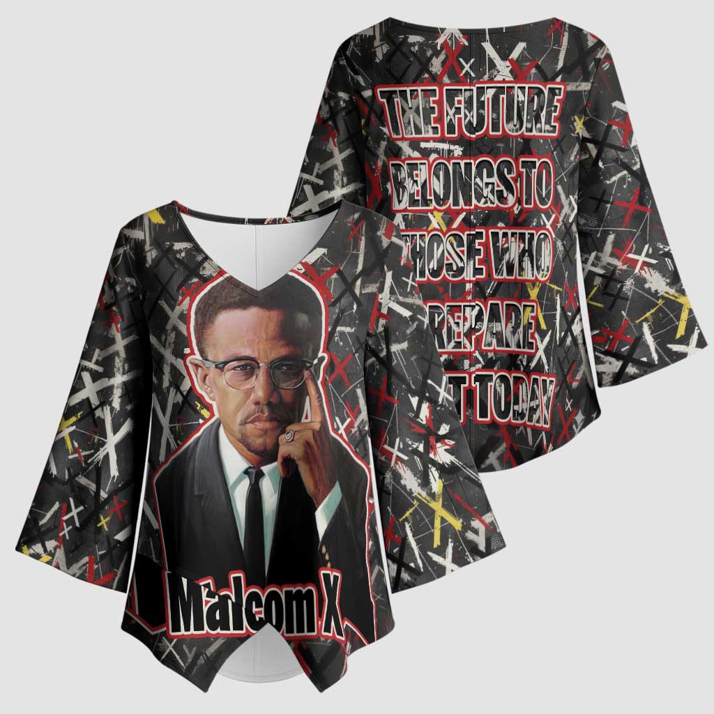 Malcolm X Kimono Sleeve Blouse Street Art Style Portrait Quote The Future Belongs to Those Who Prepare Civil Rights Tribute - African Pride