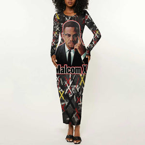 Malcolm X Long Sleeve Bodycon Dress Street Art Style Portrait Quote The Future Belongs to Those Who Prepare Civil Rights Tribute - African Pride