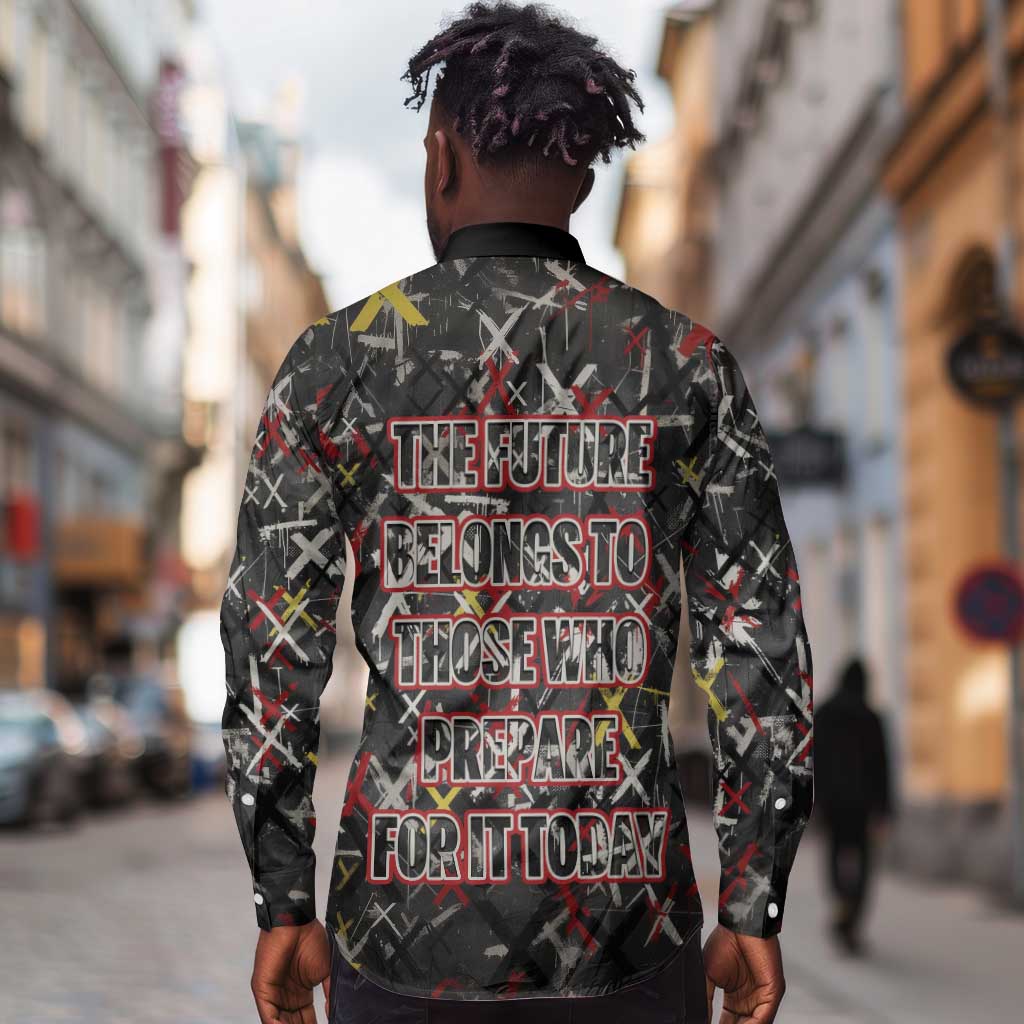 Malcolm X Long Sleeve Button Shirt Street Art Style Portrait Quote The Future Belongs to Those Who Prepare Civil Rights Tribute - African Pride