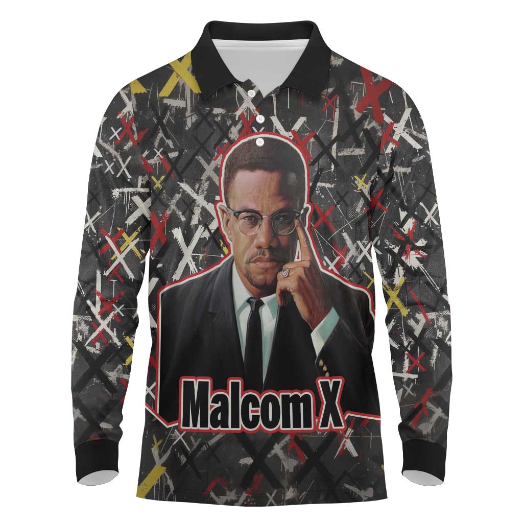 Malcolm X Long Sleeve Polo Shirt Street Art Style Portrait Quote The Future Belongs to Those Who Prepare Civil Rights Tribute - African Pride