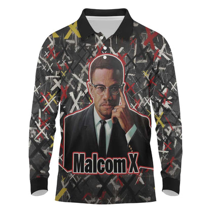Malcolm X Long Sleeve Polo Shirt Street Art Style Portrait Quote The Future Belongs to Those Who Prepare Civil Rights Tribute - African Pride