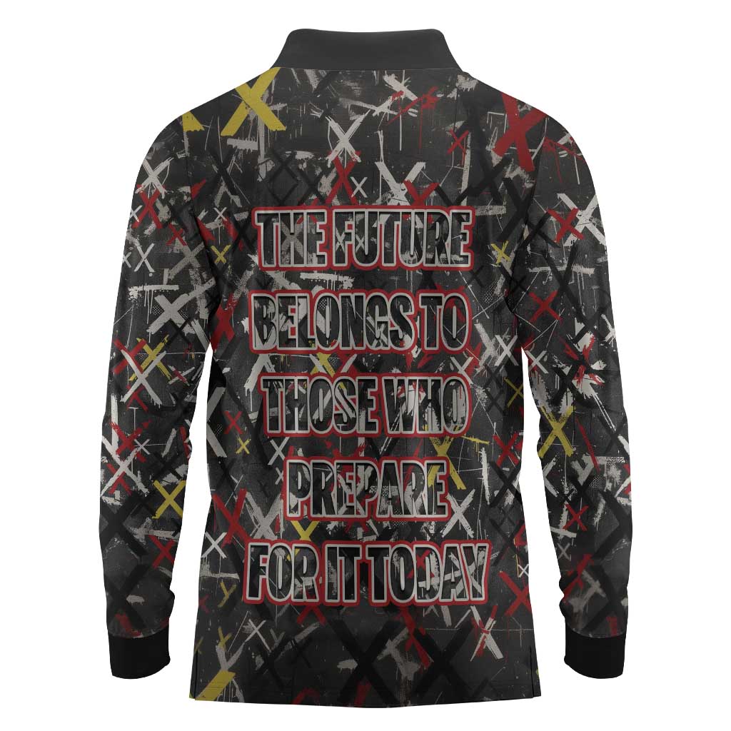 Malcolm X Long Sleeve Polo Shirt Street Art Style Portrait Quote The Future Belongs to Those Who Prepare Civil Rights Tribute - African Pride