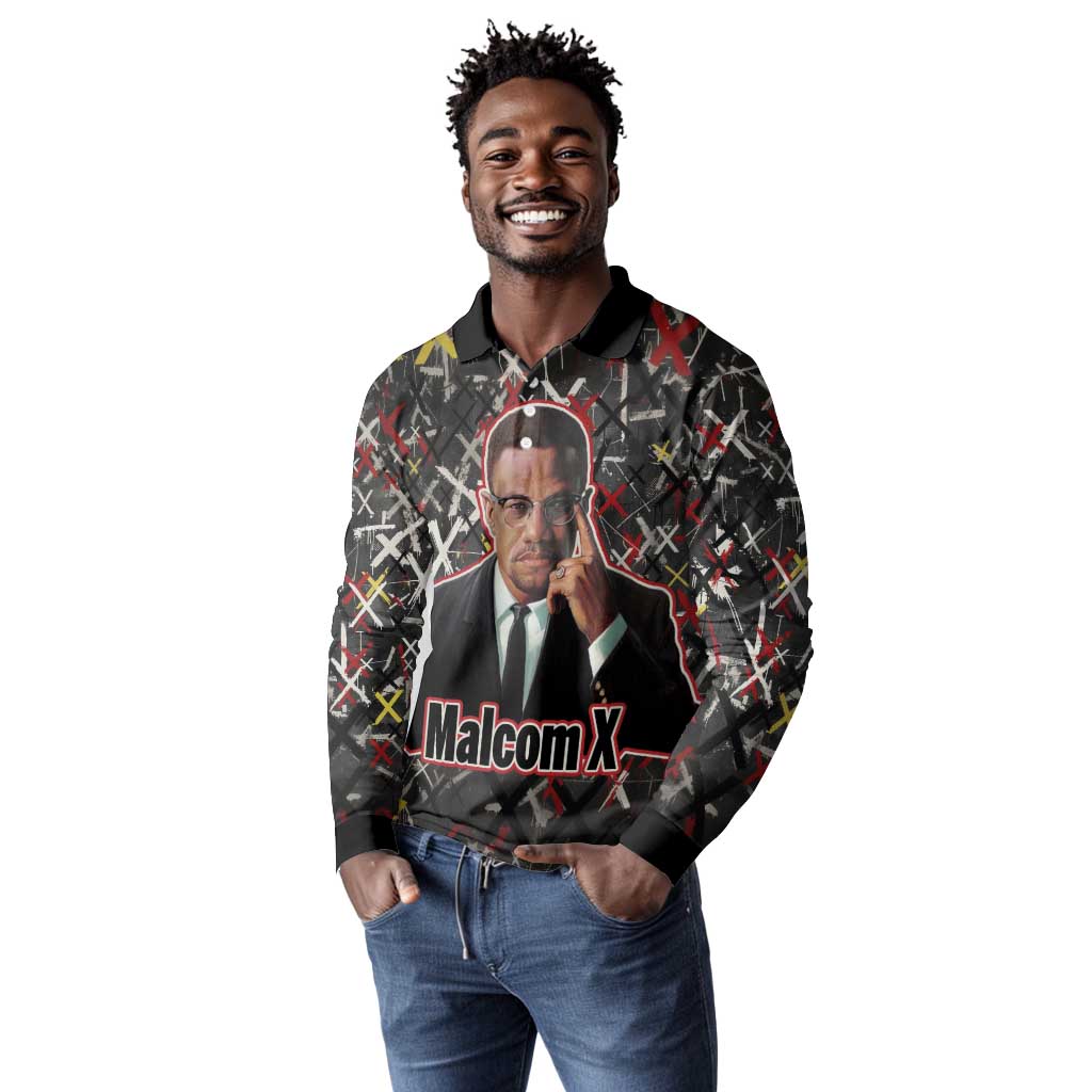 Malcolm X Long Sleeve Polo Shirt Street Art Style Portrait Quote The Future Belongs to Those Who Prepare Civil Rights Tribute - African Pride