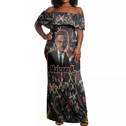 Malcolm X Off Shoulder Maxi Dress Street Art Style Portrait Quote The Future Belongs to Those Who Prepare Civil Rights Tribute - African Pride