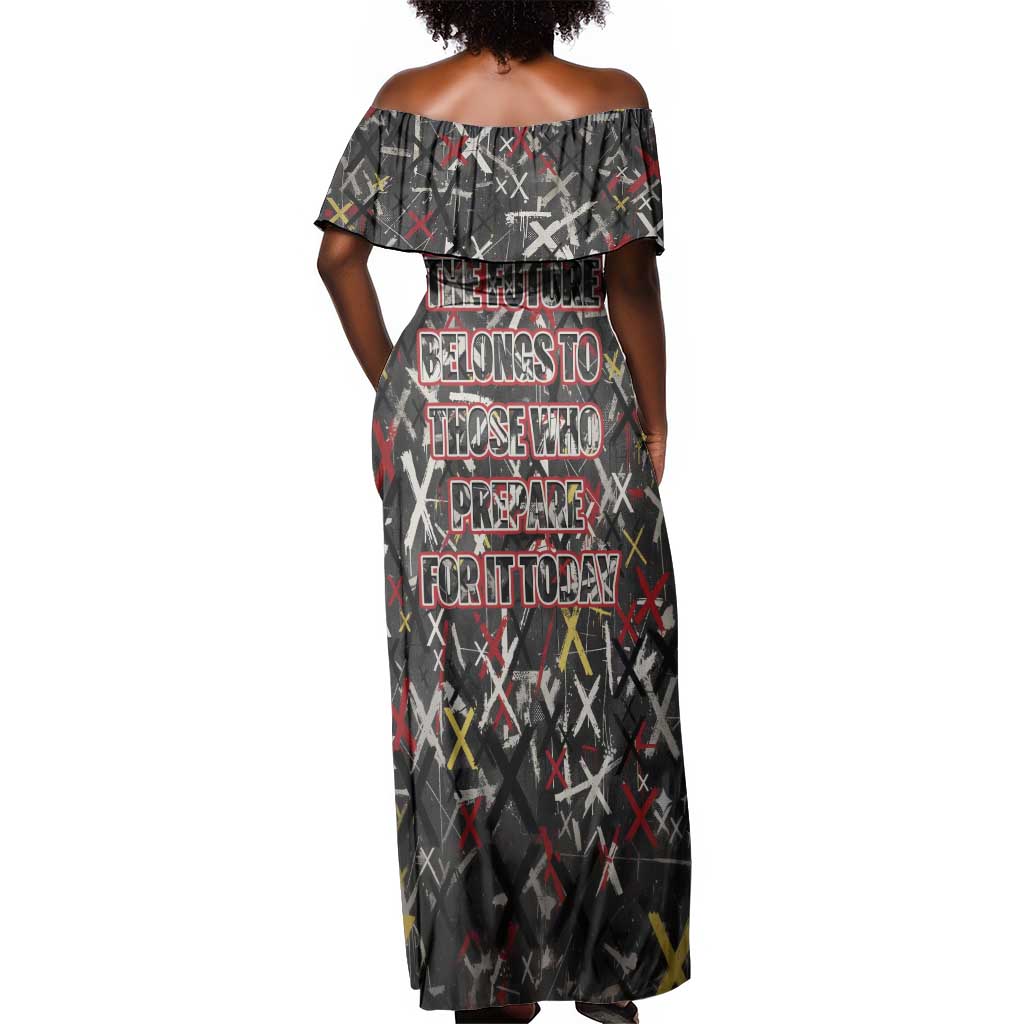 Malcolm X Off Shoulder Maxi Dress Street Art Style Portrait Quote The Future Belongs to Those Who Prepare Civil Rights Tribute - African Pride