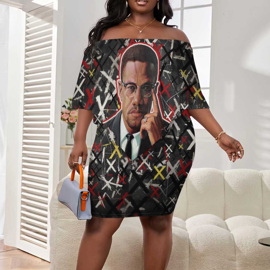 Malcolm X Off Shoulder Short Dress Street Art Style Portrait Quote The Future Belongs to Those Who Prepare Civil Rights Tribute - African Pride