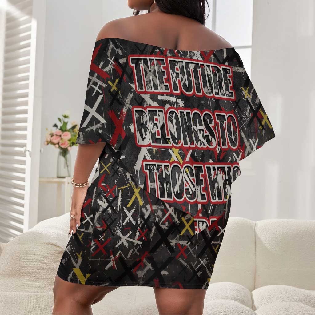 Malcolm X Off Shoulder Short Dress Street Art Style Portrait Quote The Future Belongs to Those Who Prepare Civil Rights Tribute - African Pride