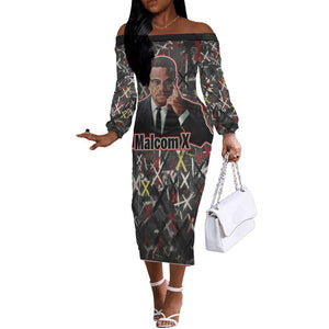 Malcolm X Off The Shoulder Long Sleeve Dress Street Art Style Portrait Quote The Future Belongs to Those Who Prepare Civil Rights Tribute - African Pride