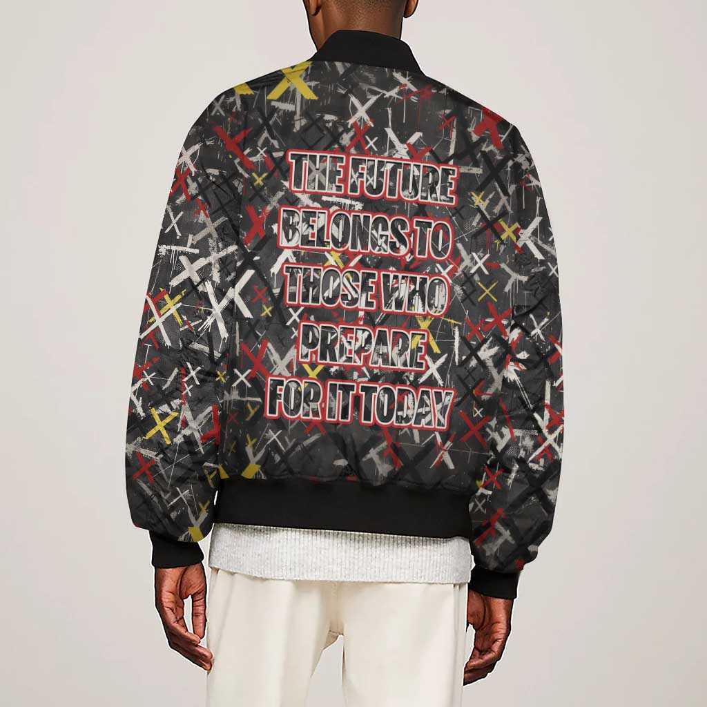Malcolm X Sleeve Zip Bomber Jacket Street Art Style Portrait Quote The Future Belongs to Those Who Prepare Civil Rights Tribute - African Pride
