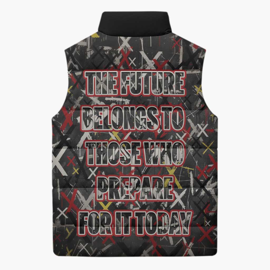 Malcolm X Sleeveless Puffer Jacket Street Art Style Portrait Quote The Future Belongs to Those Who Prepare Civil Rights Tribute - African Pride
