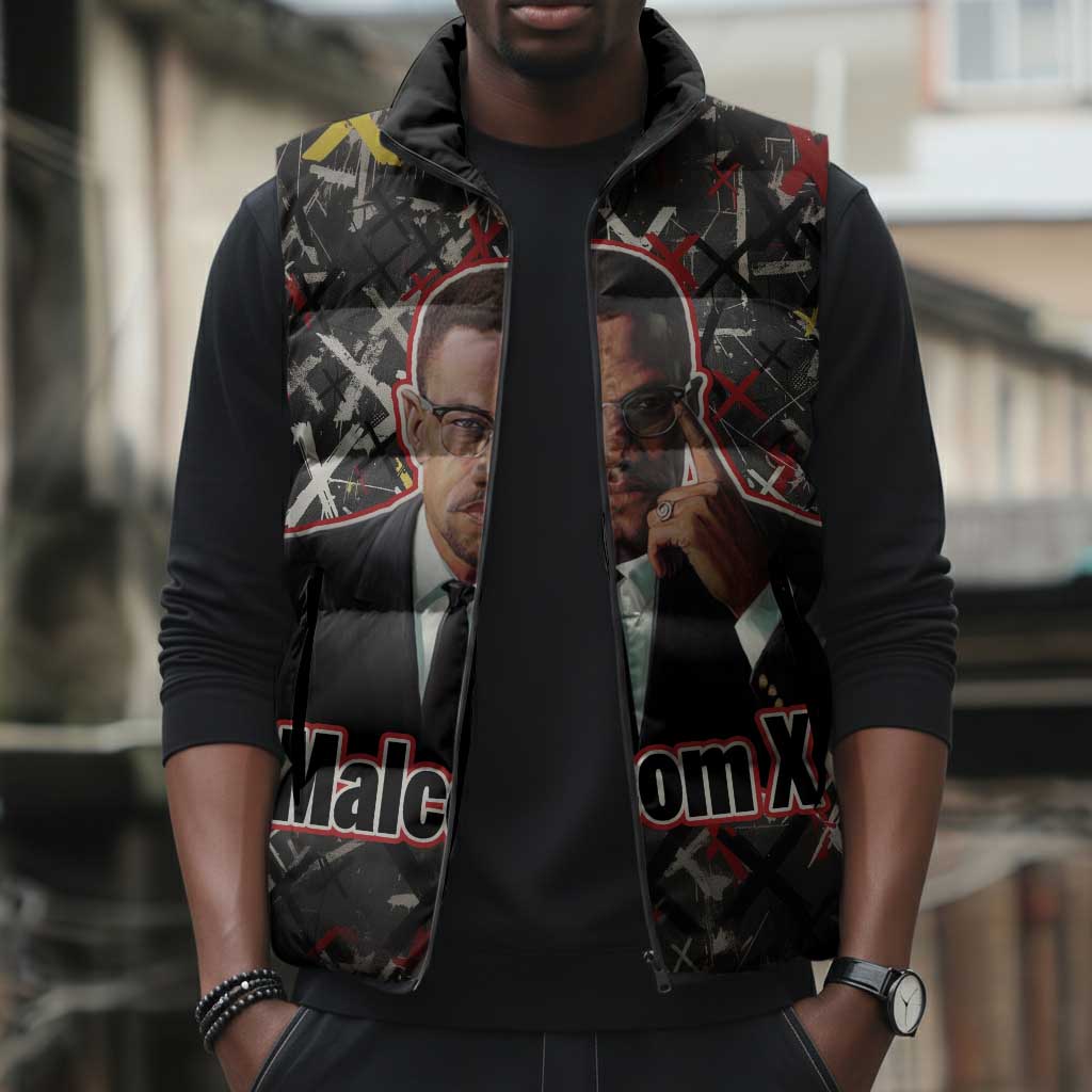 Malcolm X Sleeveless Puffer Jacket Street Art Style Portrait Quote The Future Belongs to Those Who Prepare Civil Rights Tribute - African Pride
