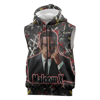 Malcolm X Sleeveless Zip Hoodie Street Art Style Portrait Quote The Future Belongs to Those Who Prepare Civil Rights Tribute - African Pride