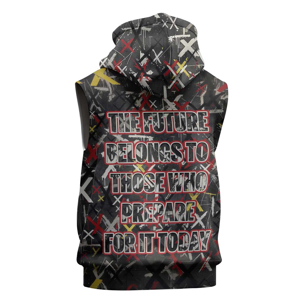 Malcolm X Sleeveless Zip Hoodie Street Art Style Portrait Quote The Future Belongs to Those Who Prepare Civil Rights Tribute - African Pride