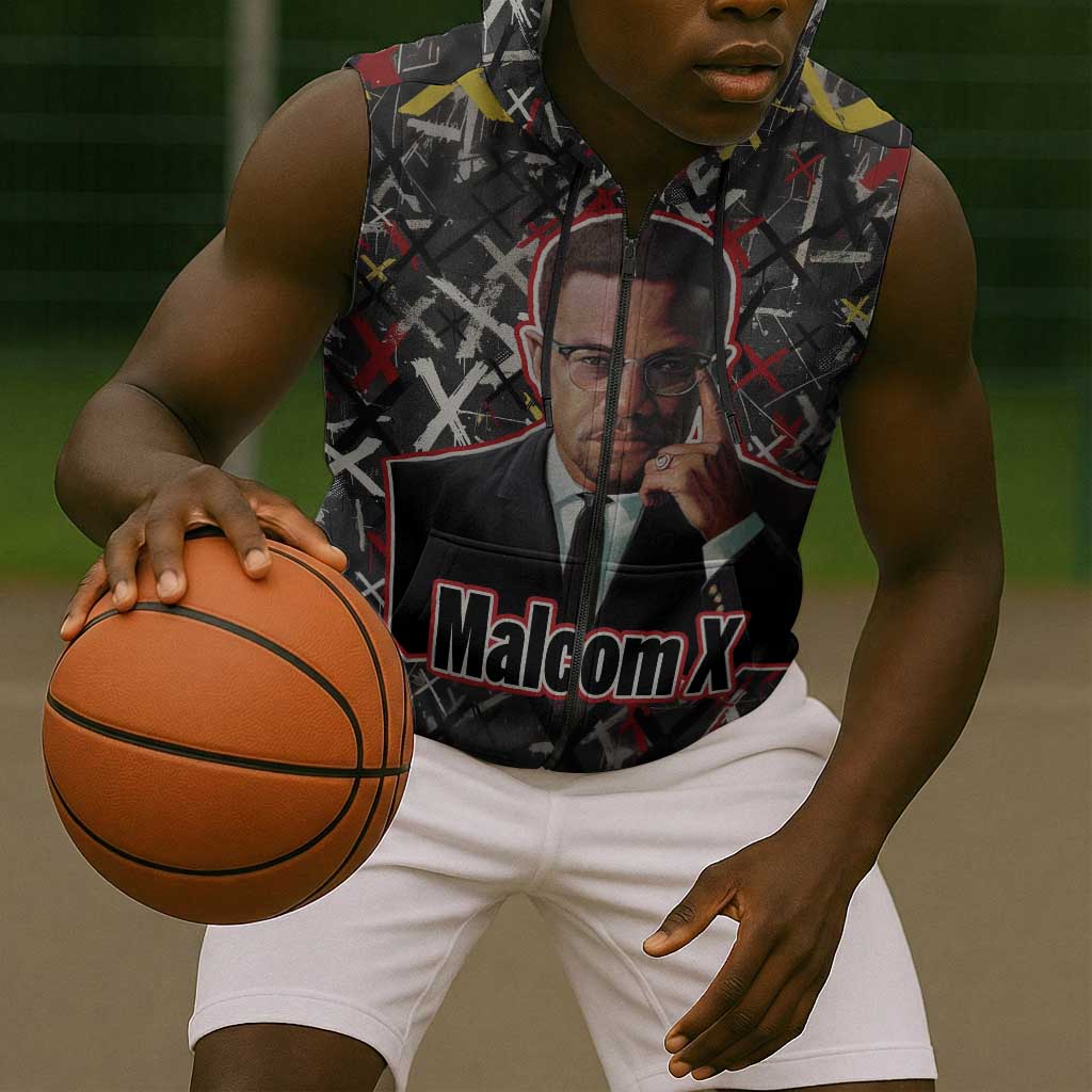 Malcolm X Sleeveless Zip Hoodie Street Art Style Portrait Quote The Future Belongs to Those Who Prepare Civil Rights Tribute - African Pride