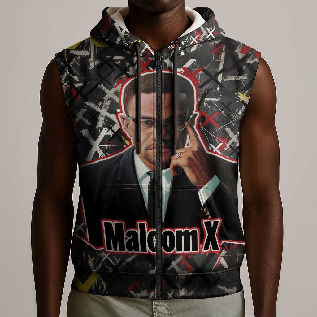 Malcolm X Sleeveless Zip Hoodie Street Art Style Portrait Quote The Future Belongs to Those Who Prepare Civil Rights Tribute - African Pride