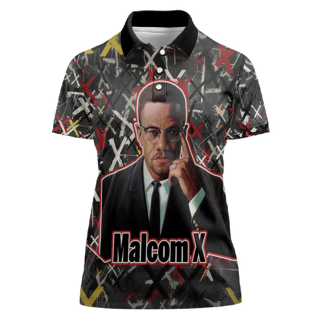 Malcolm X Women Polo Shirt Street Art Style Portrait Quote The Future Belongs to Those Who Prepare Civil Rights Tribute TS04
