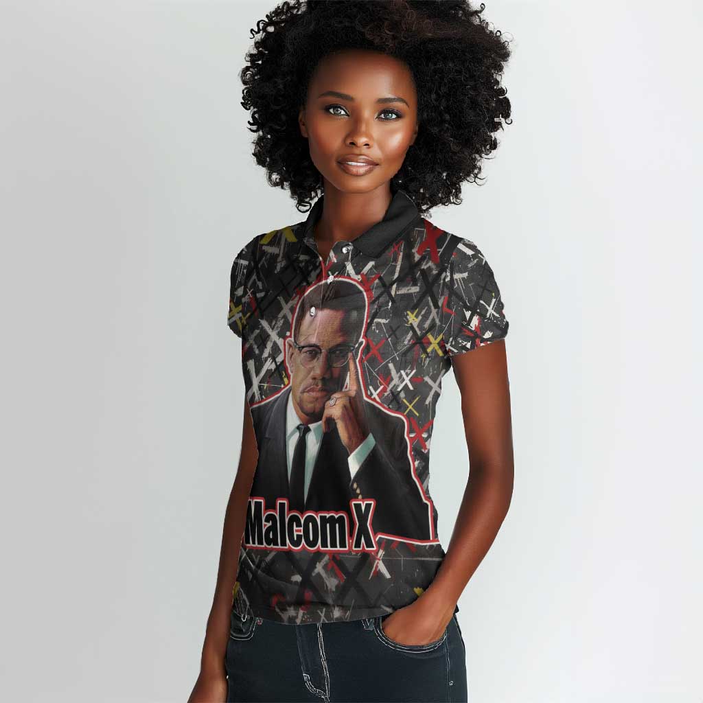 Malcolm X Women Polo Shirt Street Art Style Portrait Quote The Future Belongs to Those Who Prepare Civil Rights Tribute TS04