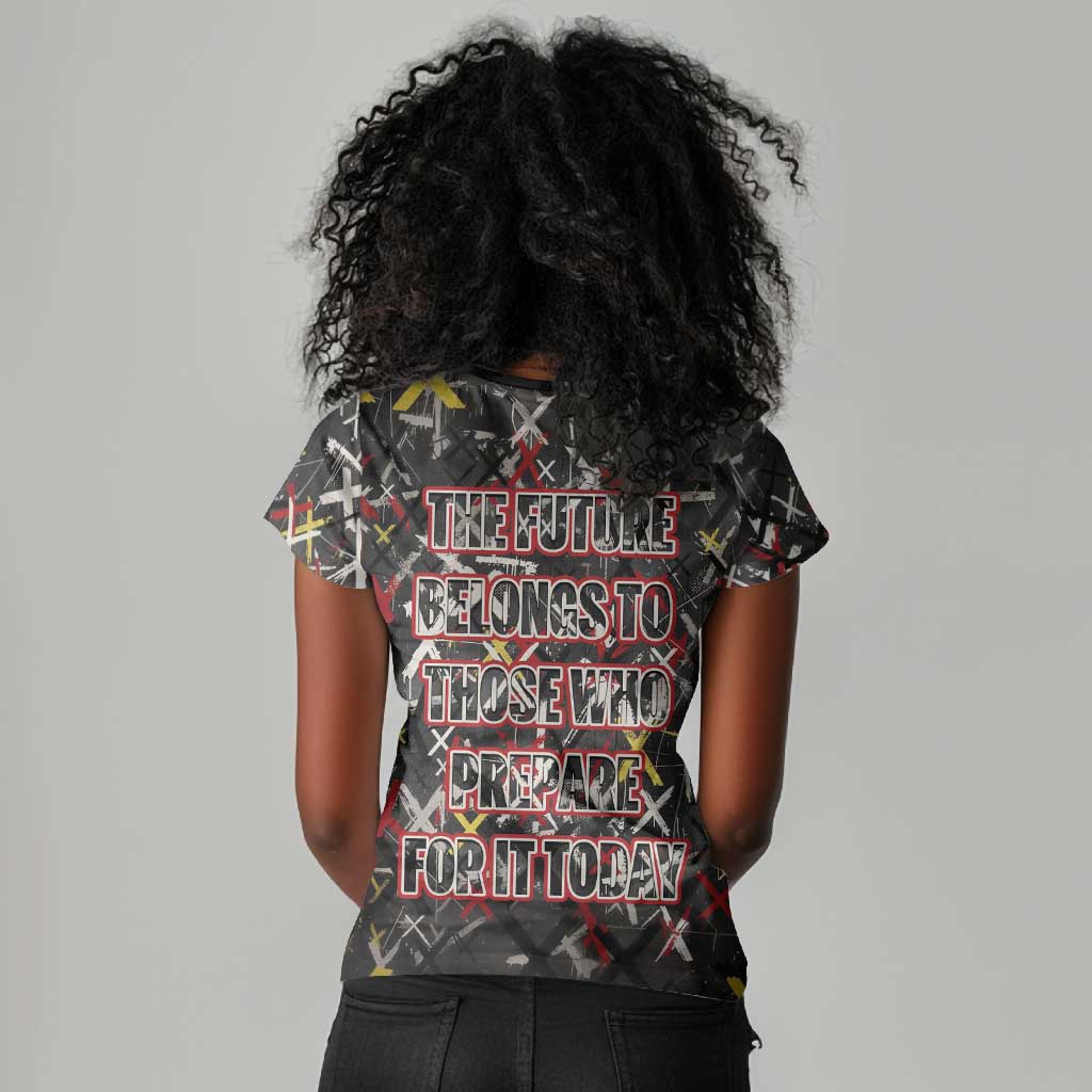 Malcolm X Women V-Neck T-Shirt Street Art Style Portrait Quote The Future Belongs to Those Who Prepare Civil Rights Tribute TS04