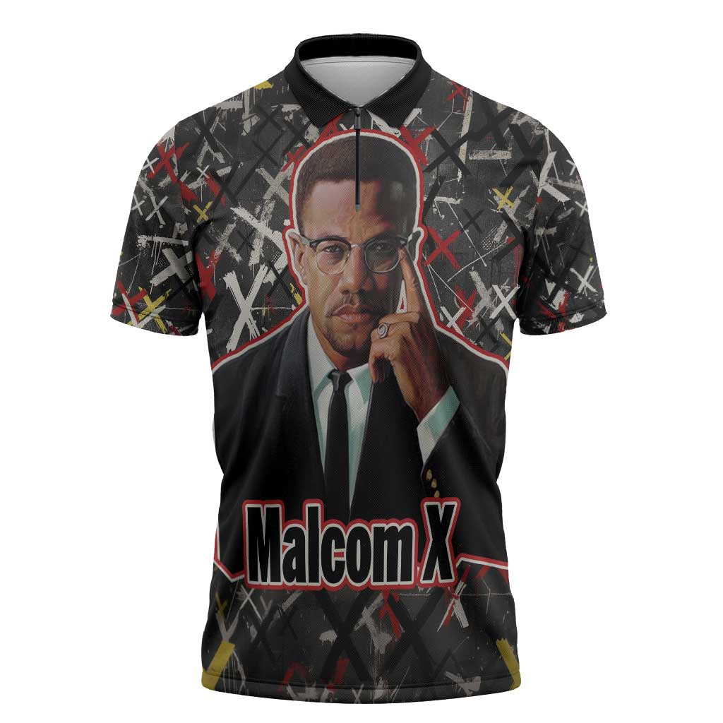 Malcolm X Zipper Polo Shirt Street Art Style Portrait Quote The Future Belongs to Those Who Prepare Civil Rights Tribute - African Pride