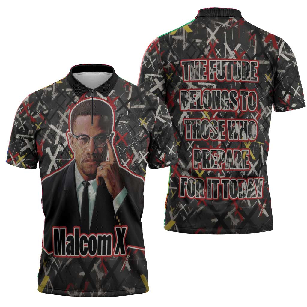 Malcolm X Zipper Polo Shirt Street Art Style Portrait Quote The Future Belongs to Those Who Prepare Civil Rights Tribute - African Pride