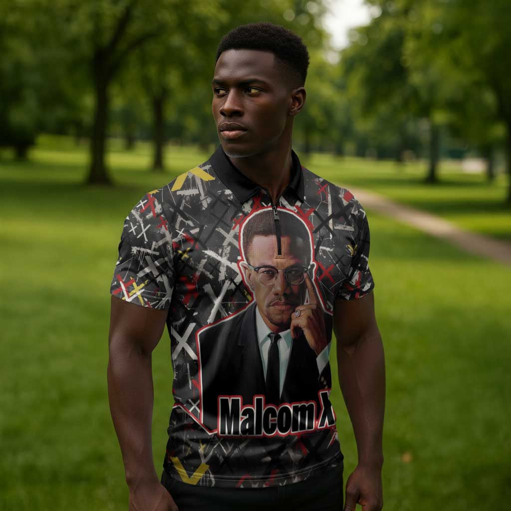 Malcolm X Zipper Polo Shirt Street Art Style Portrait Quote The Future Belongs to Those Who Prepare Civil Rights Tribute - African Pride