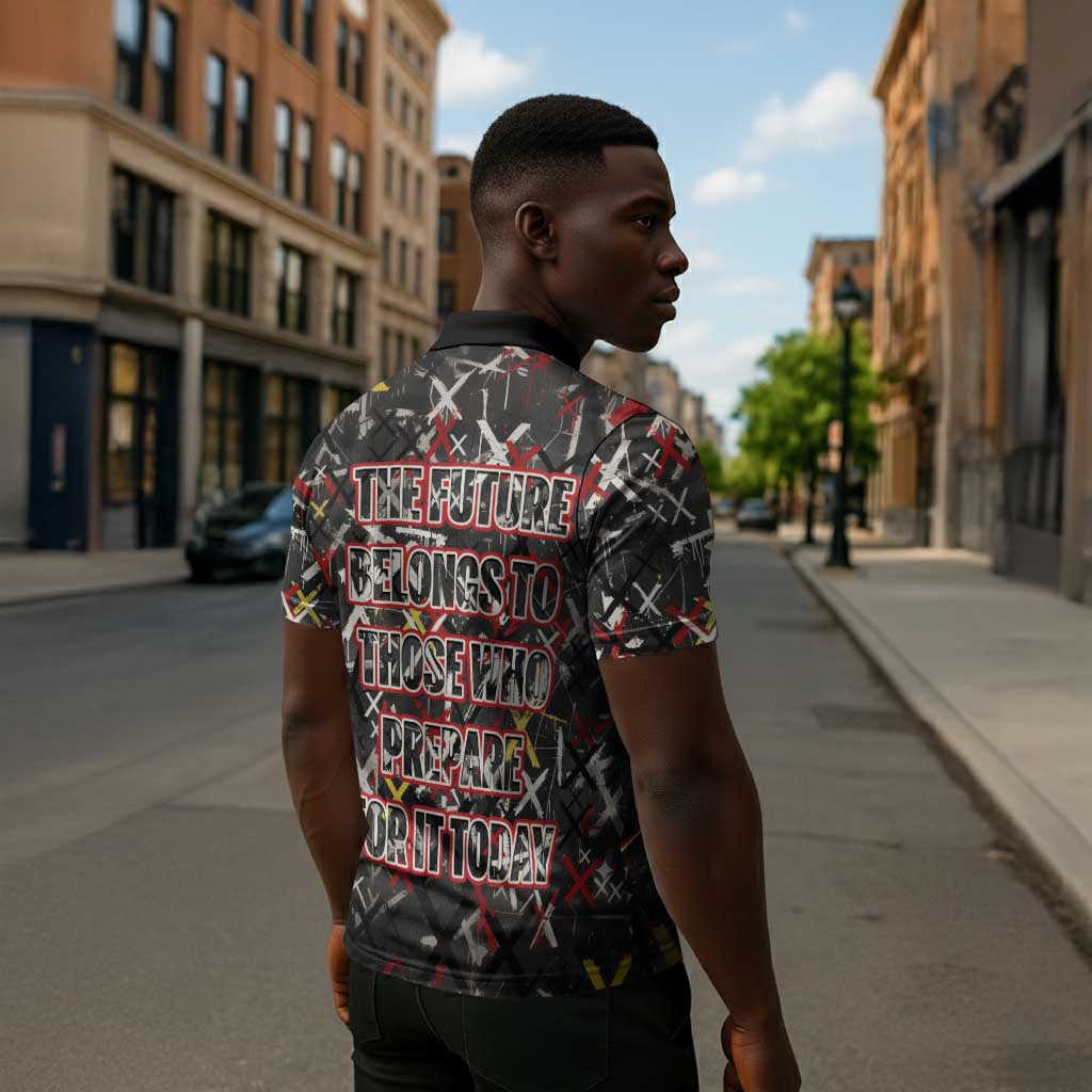 Malcolm X Zipper Polo Shirt Street Art Style Portrait Quote The Future Belongs to Those Who Prepare Civil Rights Tribute - African Pride