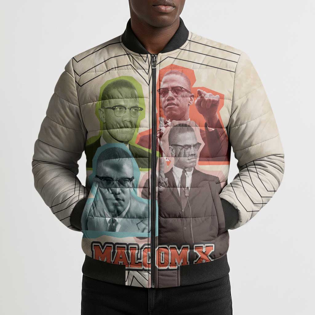 Malcolm X Bomber Puffer Jacket Pop Art Portrait Collage Civil Rights Activist Retro Style Design - African Pride