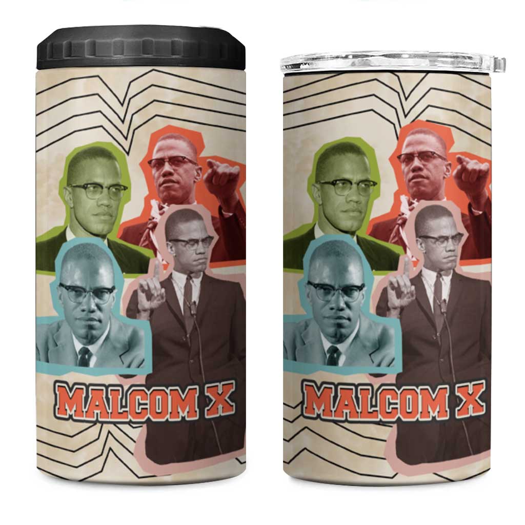 Malcolm X 4 in 1 Can Cooler Tumbler Pop Art Portrait Collage Civil Rights Activist Retro Style Design - African Pride