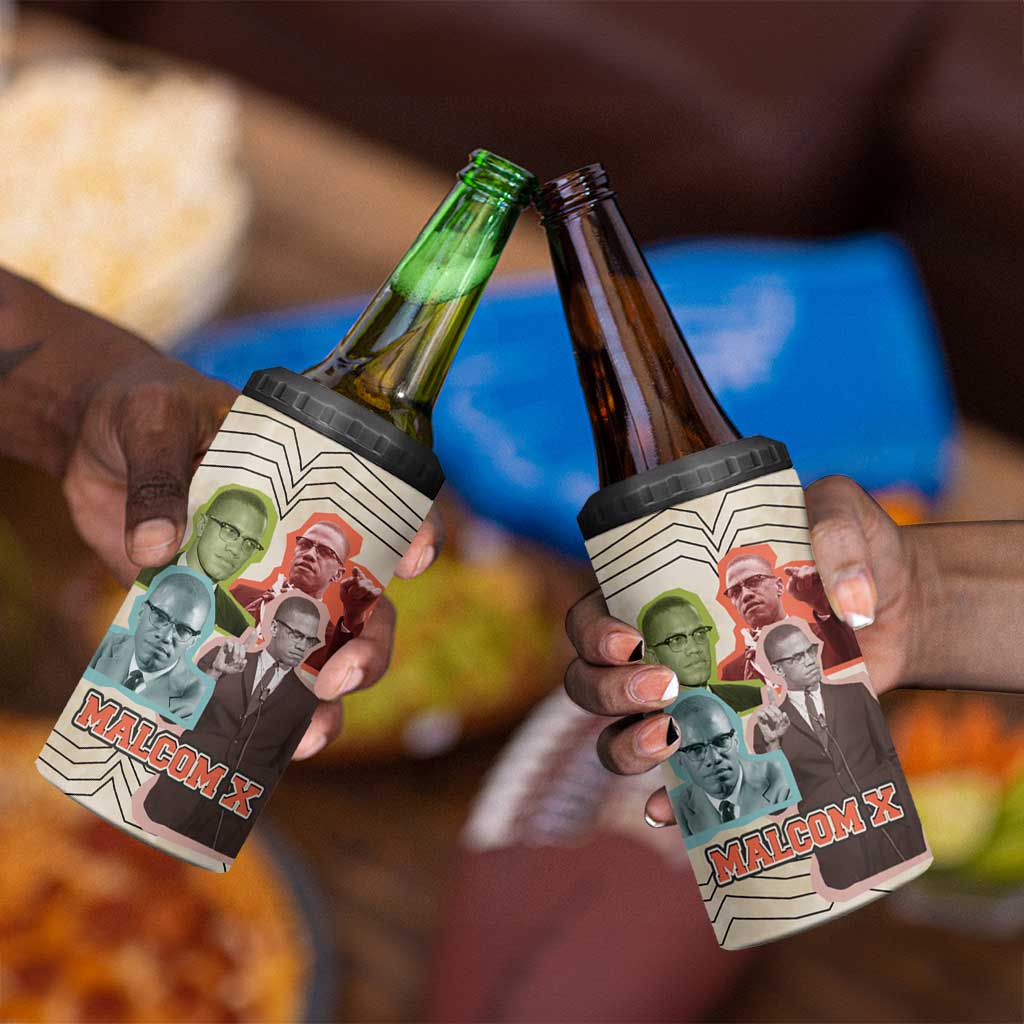 Malcolm X 4 in 1 Can Cooler Tumbler Pop Art Portrait Collage Civil Rights Activist Retro Style Design - African Pride