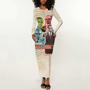 Malcolm X Long Sleeve Bodycon Dress Pop Art Portrait Collage Civil Rights Activist Retro Style Design - African Pride