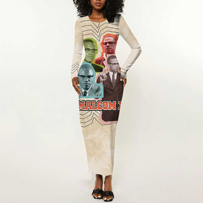Malcolm X Long Sleeve Bodycon Dress Pop Art Portrait Collage Civil Rights Activist Retro Style Design - African Pride